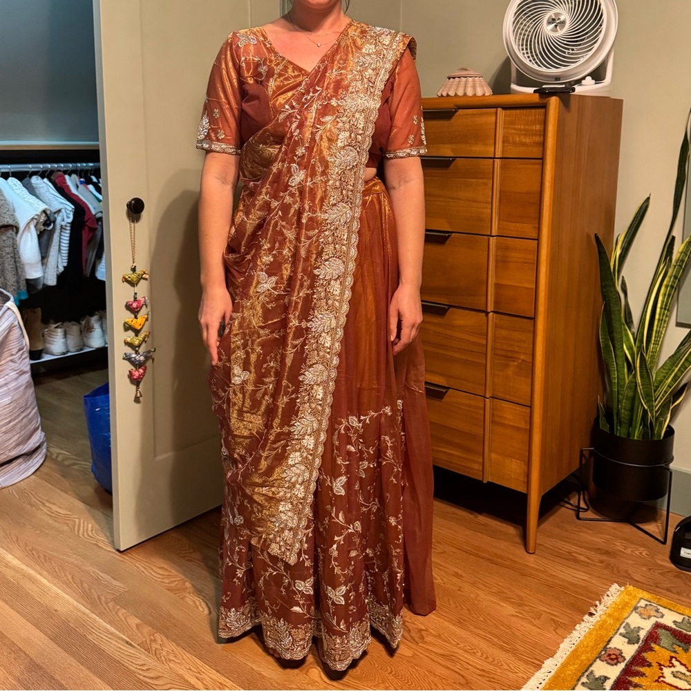 Indian wedding guest - PRE PLEATED ready to wear Brown and Gold Saree